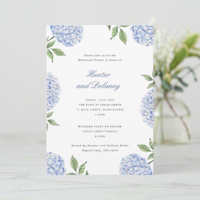 Probedinner Klassische Blaue Hortensienblüte Einladung (Stehend Vorderseite)
