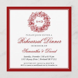 Probedinner Vintage Floral Monogramm Rot Einladung