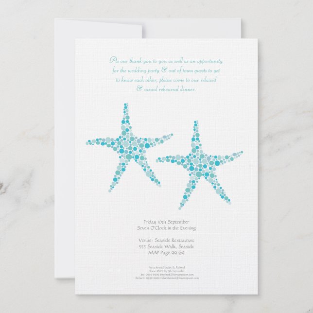 Proben-Abendessen-Hochzeits-Aqua-TürkisStarfish Einladung (Vorderseite)