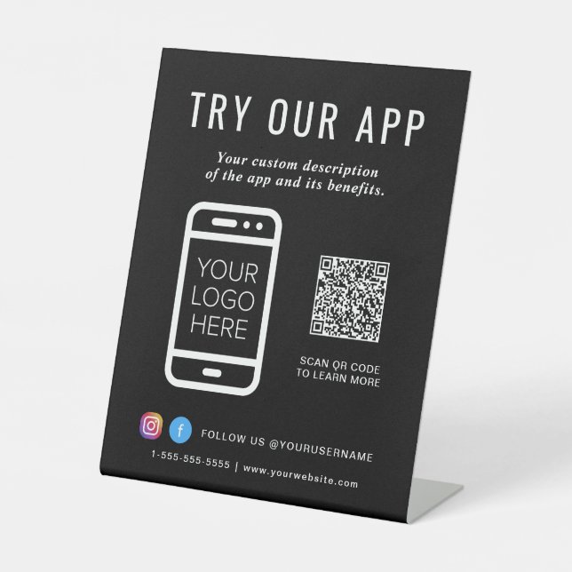 Probieren Sie unser App QR-Logo-Schwarz aus Sockelschild (Vorderseite)