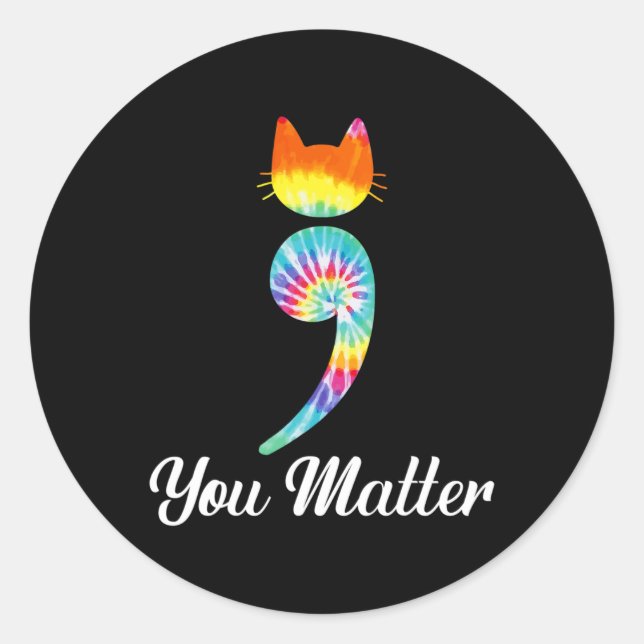 Problem Semicolon Gefärbte Krawatte Katze Suizidpr Runder Aufkleber (Vorderseite)
