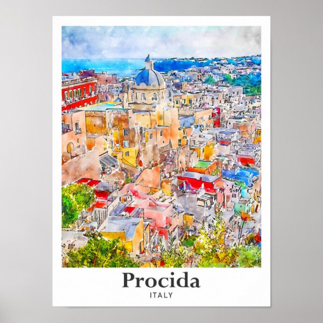 Procida Italien Reisen Wasserfarbe Sketch Hand gez Poster (Vorne)