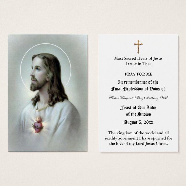PROFESSION NUN CATHOLIQUE DE VOWS CARTE SAINTE (Devant & derrière)