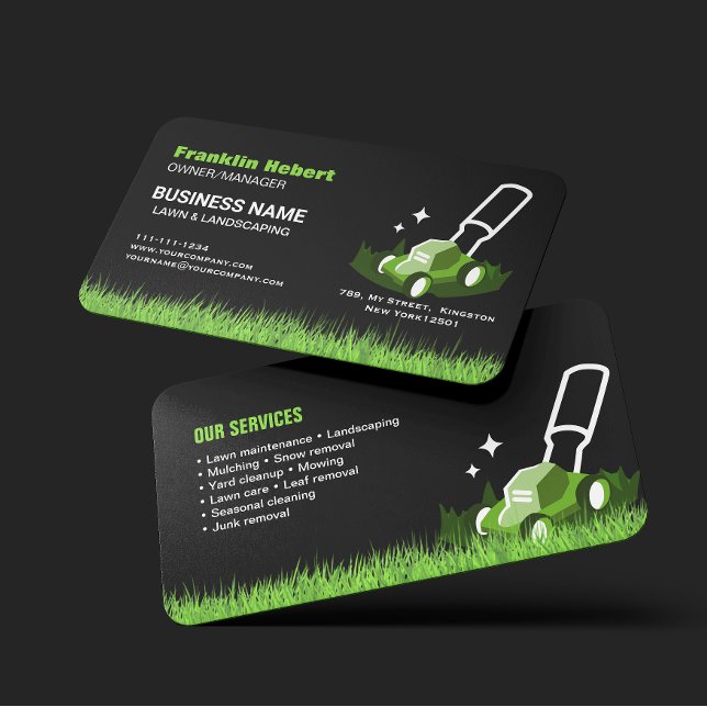 Professional Black Green Lawn Care & Landscaping Visitenkarte (Von Creator hochgeladen)