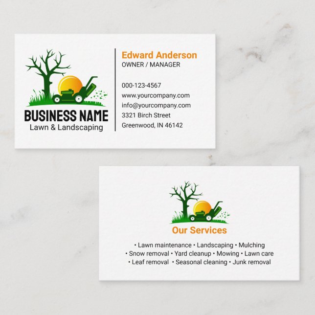 Professional Black Green Lawn Care Landscaping Visitenkarte (Vorne/Hinten)