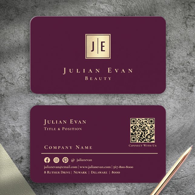 Professional Burgundy Wine & Gold Luxury Monogram Visitenkarte (Professional Burgundy Wine & Gold Luxury Monogram Business Card)