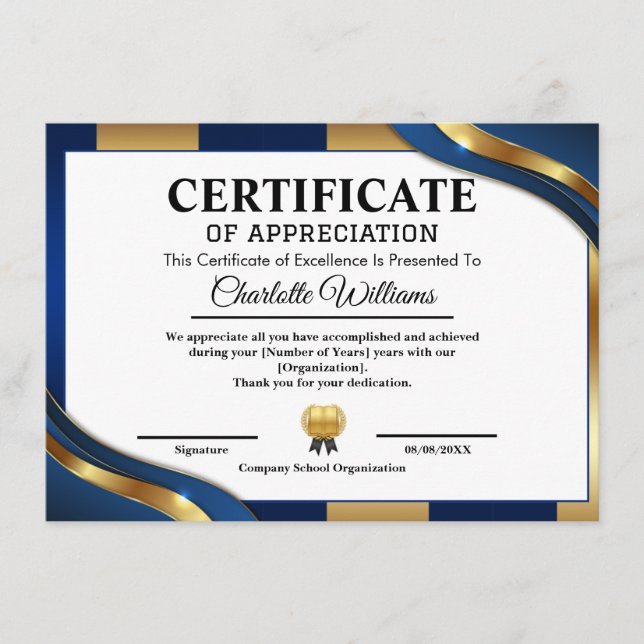 Professional Certificate of Appreciation Blue Gold Begleitkarte (Vorderseite)