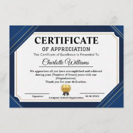 Professional Certificate of Appreciation Blue Gold Begleitkarte