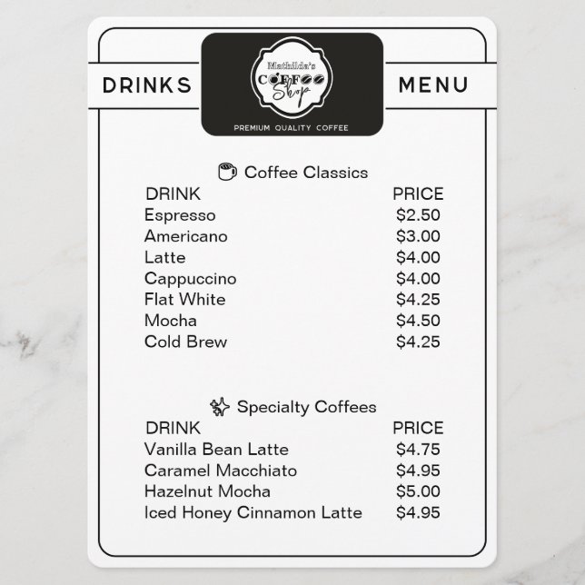 Professional Coffee Shop Personalized Drinks Menu (Devant)
