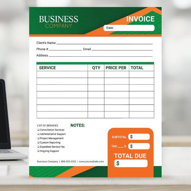 Professional Green with Orange Stripe Invoice Form Notizblock (Von Creator hochgeladen)