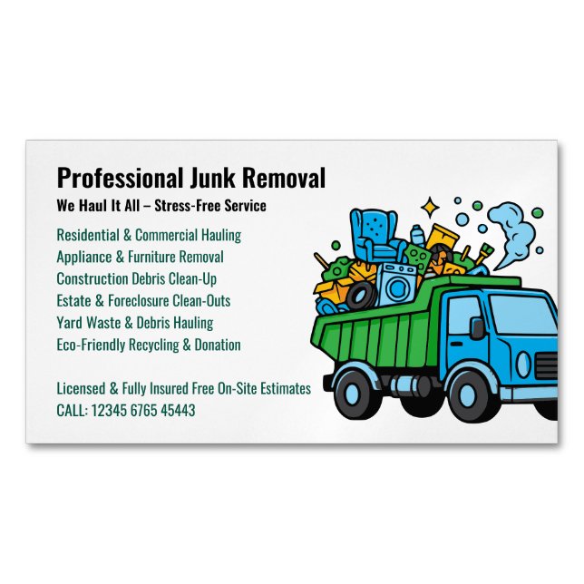 Professional Junk Removal Hauling Services Truck Magnetische Visitenkarte (Vorderseite)