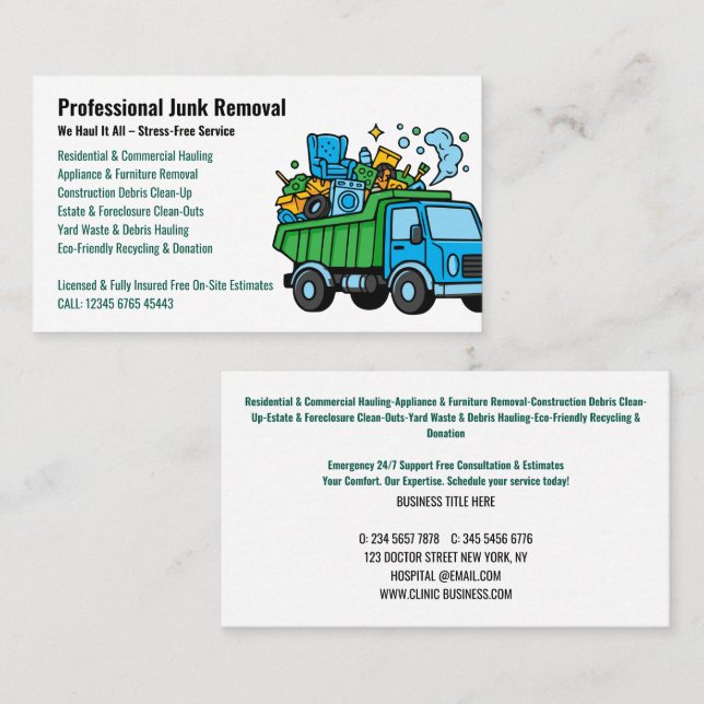 Professional Junk Removal & Hauling Services Visitenkarte (Vorne/Hinten)