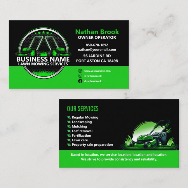 Professional Lawn Mowing Landscaping Green Black  Visitenkarte (Vorne/Hinten)