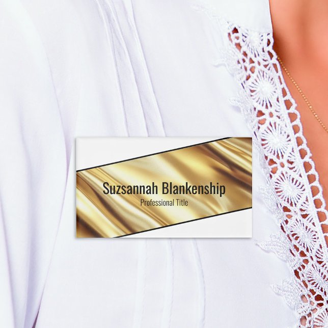 Professional Luxury Gold Ribbon Black Text Namenschild (Luxurious gold ribbon on white name tag)