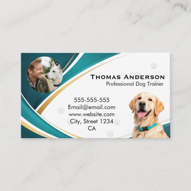 Professional Modern Teal & Gold Dog Trainer Custom Visitenkarte (Vorderseite)