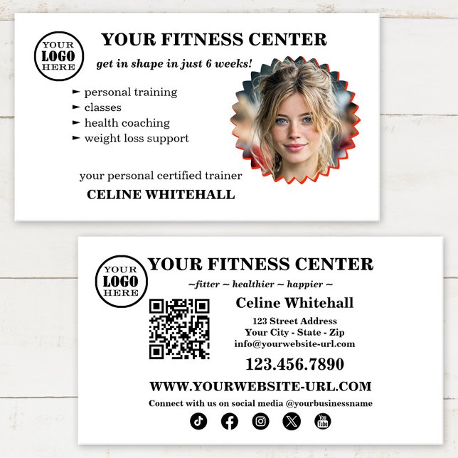 Professional Personal Trainer Fitness Center Visitenkarte (Fitness personal trainer business card with custom photo, qr code, social media and logo)