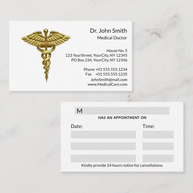 Professional Precious Medical Gold Caduceus Terminkarte (Vorne/Hinten)