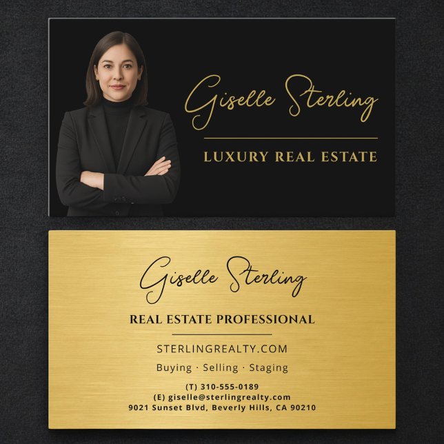 Professional Real Estate Black Gold Metallic Visitenkarte (Von Creator hochgeladen)