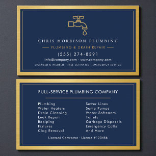 Professionelle Klempner Navy Blau Gold QR-Code Visitenkarte