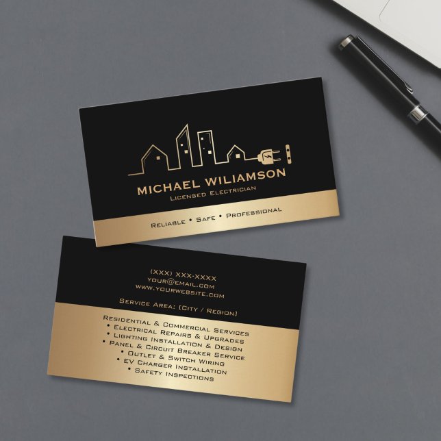 Professioneller zugelassener Elektriker Elektroarb Visitenkarte (Professional licensed electrician business card with bold typography and lightning bolt accent)