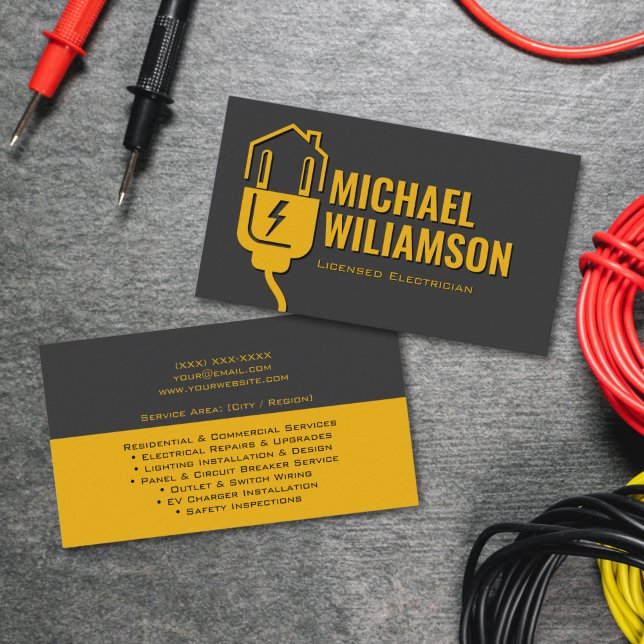 Professioneller zugelassener Elektriker Elektroarb Visitenkarte (Licensed electrician business card template with modern layout and clear contact info)