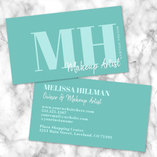 Professionelles Einfaches Elegantes Monogramm Visitenkarte (Professional Simple Modern Teal Blue Monogram Business Card)