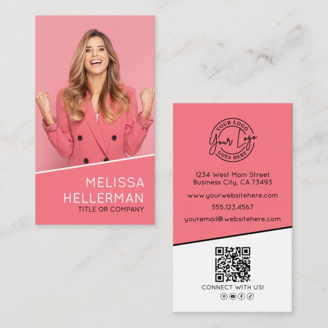 Professionelles Foto QR-Code-Logo Vertikal Pink Visitenkarte (Vorne/Hinten)