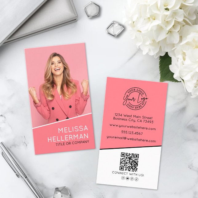 Professionelles Foto QR-Code-Logo Vertikal Pink Visitenkarte (Professional Photo QR Code Logo Vertical Pink Business Card )