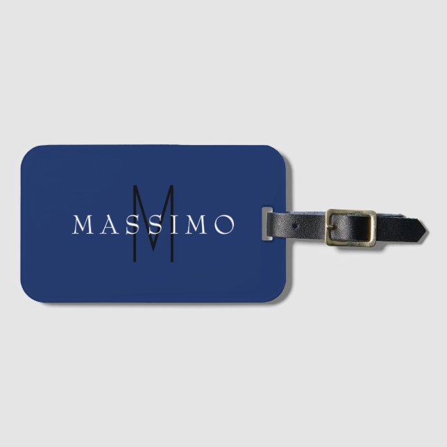 Professionelles schwarzes Monogramm Blau Ihr Name Gepäckanhänger (Vorderseite (Horizontal))