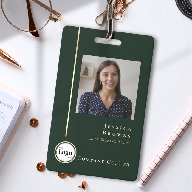 Professionelles Smaragdgrün Gold Foto Logo QR-Code Ausweis (Professional Emerald Green Gold Photo Logo QR code Badge)