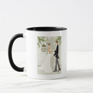 Profil eines Mannes, der einer Frau Blumen gibt Tasse
