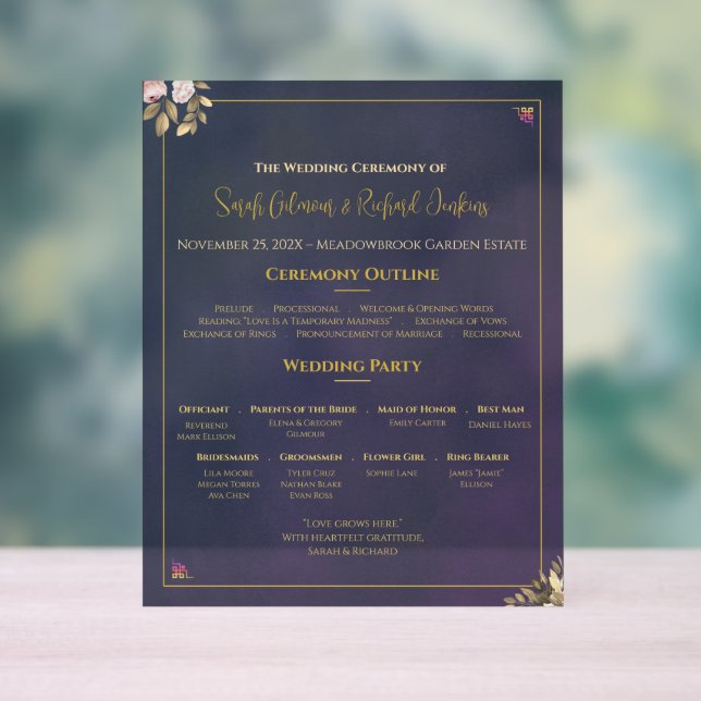 Programm für Hochzeiten von Samtauflagen für die M Acrylschild (Neutral)