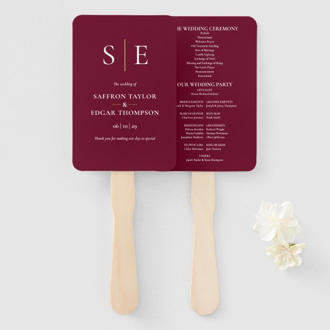 Programm zur Hochzeit von Burgund und Gold Monogra Fächer (Vorne und Hinten)