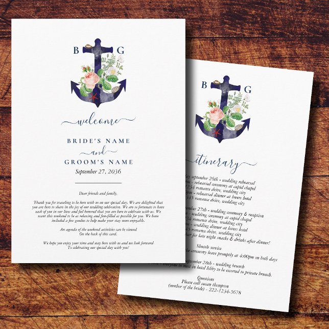 Programme Ancre Floral Nautique Été Mariage Itinéraire (Anchor Floral Nautical Summer Wedding Itinerary Program)