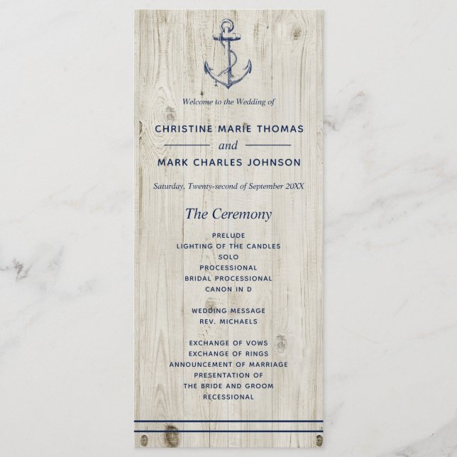 Programme Ancre nautique Mariage de bois rustique (Devant)