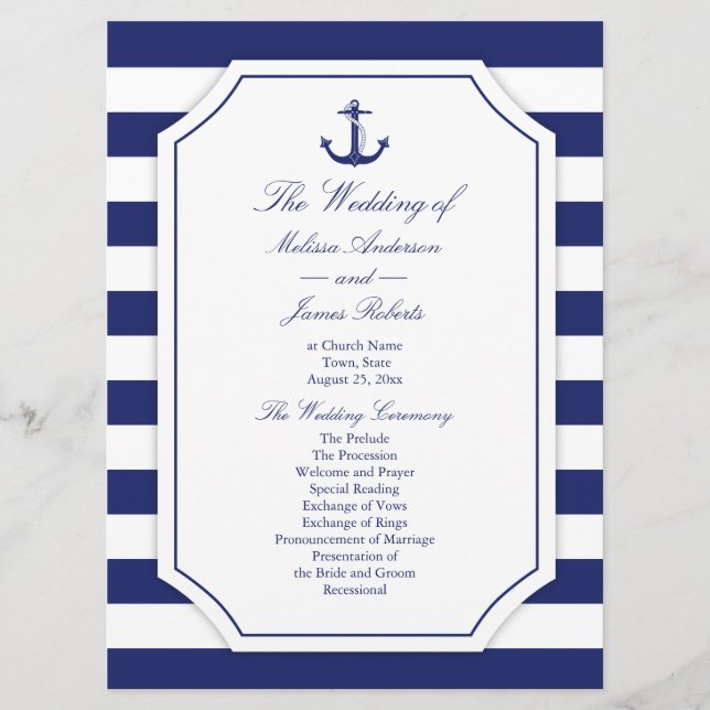 Programme Ancre nautique Marine Blue Stripe Wedding Programm (Devant)