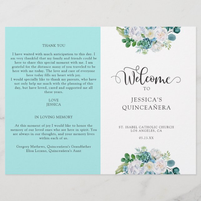 Programme Aqua Quinceanera, Aqua et Floral Blanc (Devant)