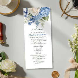 Programme Aquarelle bleu Hydrangea Roses blanches Mariage