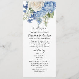 Programme Aquarelle bleu Hydrangea Roses blanches Mariage