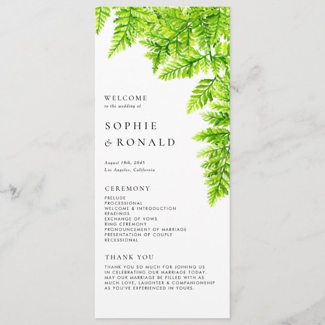 Programme Aquarelle Chartreuse Green Fern Feuille Mariage (Devant)