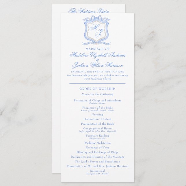 Programme Aquarelle Designer Blue Monogram Crest Mariage (Devant / Derrière)