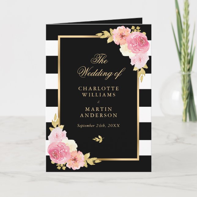 Programme Aquarelle Noir Blanc Or Rose Mariage Floral (Devant)