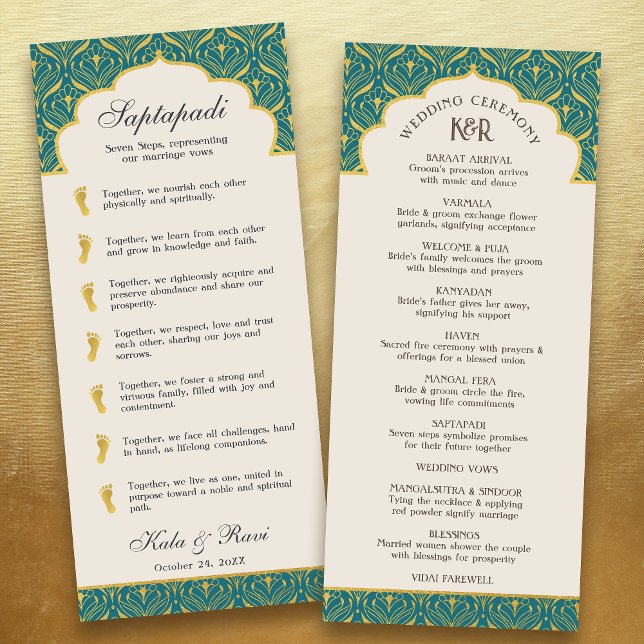 Programme Art Déco Floral Lotus Indien & Mariage hindou (Teal blue gold art deco indian hindu wedding program card with saptapadi seven steps marriage vows)