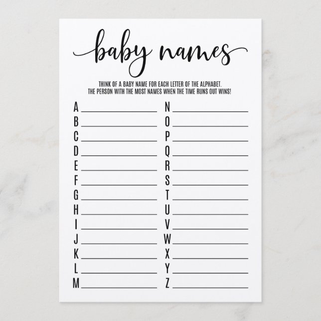 Programme Baby Names A to Z Baby shower Jeu (Devant)