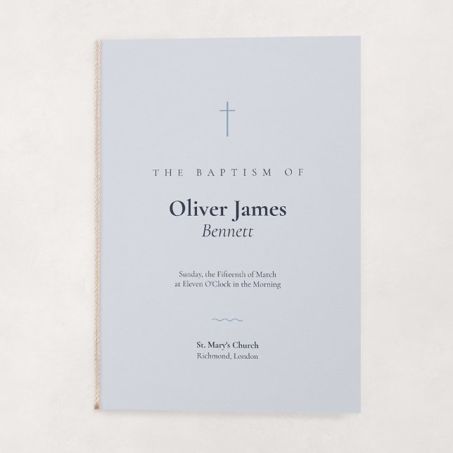 Programme Baptême plié minimal Croix Grace Bleu (Grace | Blue - Folded Baptism Order of Service, Embellished with String (String Not Included))