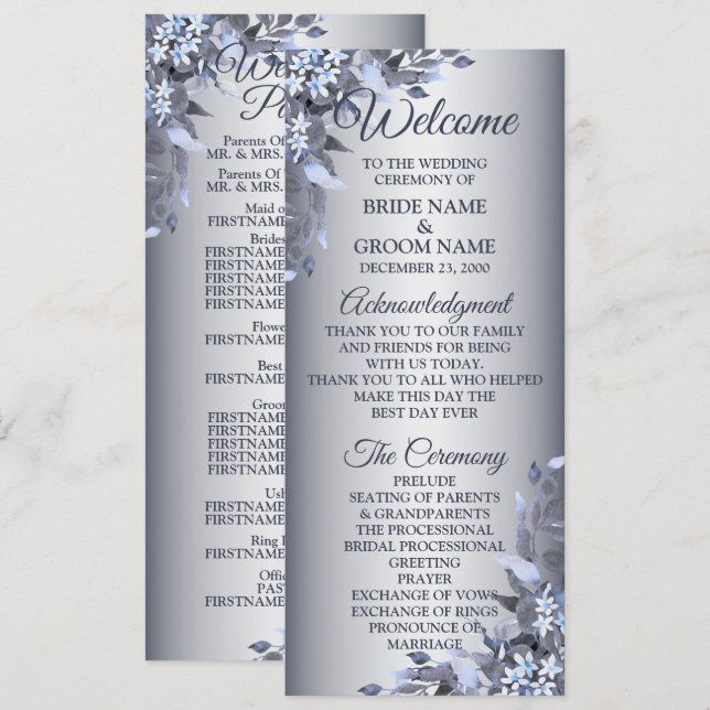 Programme Bienvenue Mariage Marine Bleu Floral Argent Élégan (Devant / Derrière)