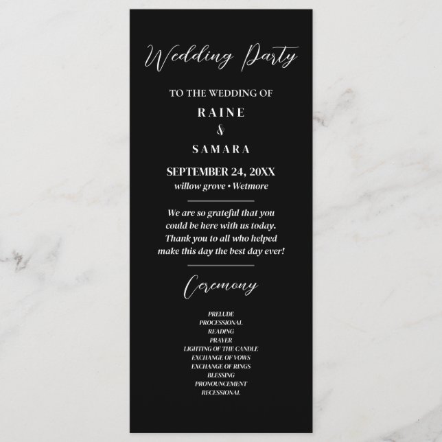 Programme Black and White Elegant Wedding Party Program (Devant)