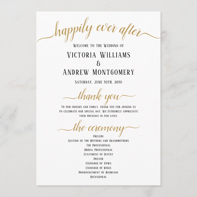 Programme Black Gold Script Minimal Mariage Ceremony (Devant)