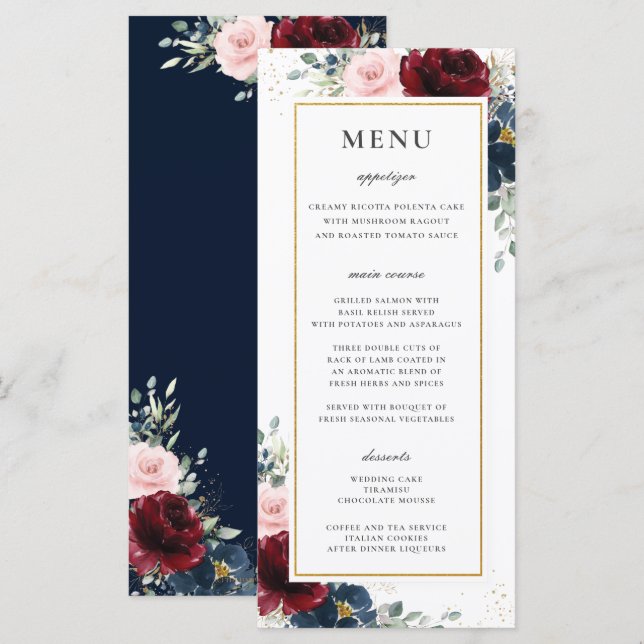 Programme Bleu Rouge Bourgogne Blush Rose Floral Mariage Men (Devant / Derrière)
