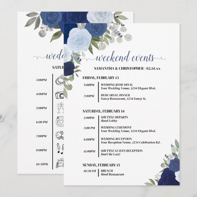 Programme Blue Boho Roses Wedding Events & Timeline (Devant / Derrière)